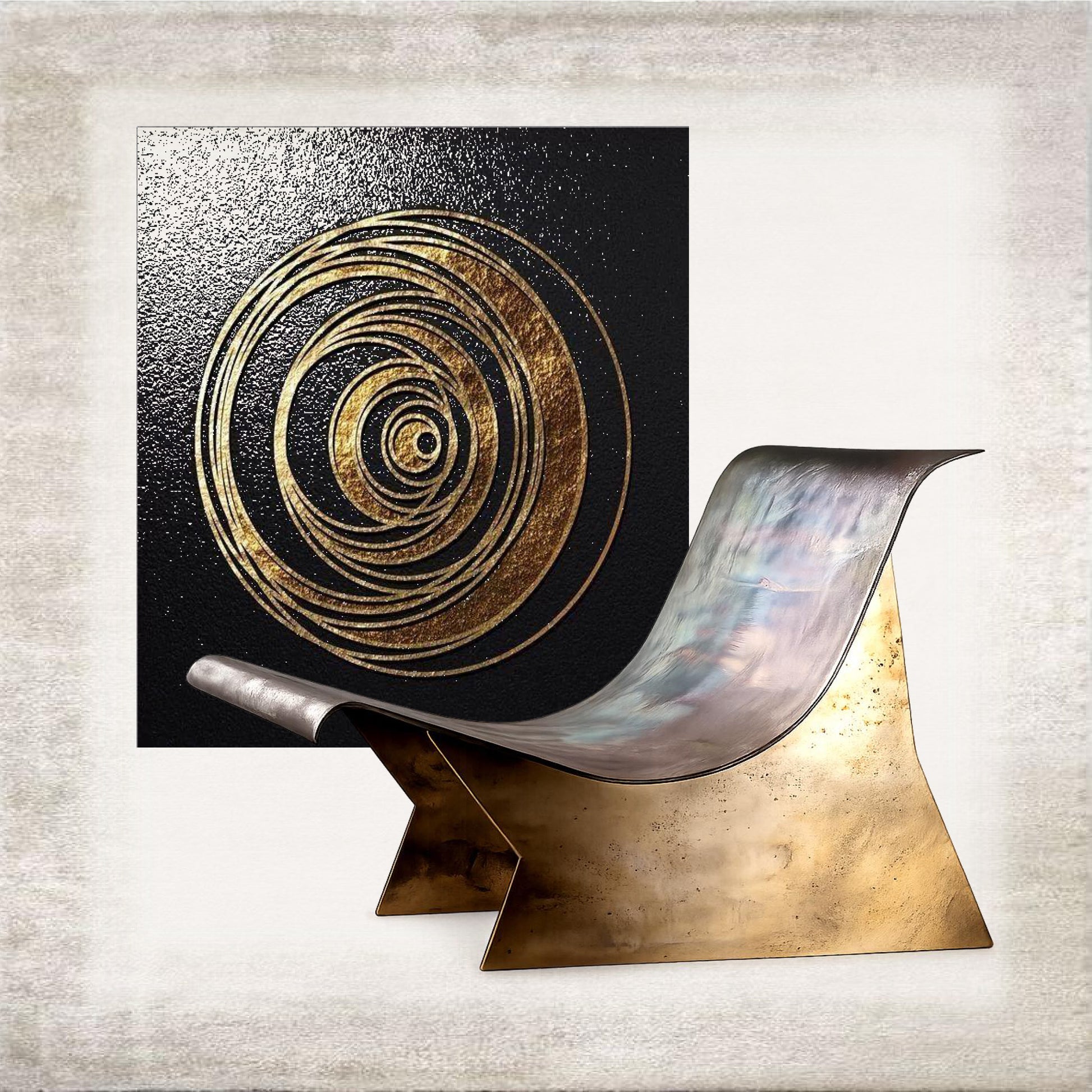 Patina Arc metal lounge chair with artwork